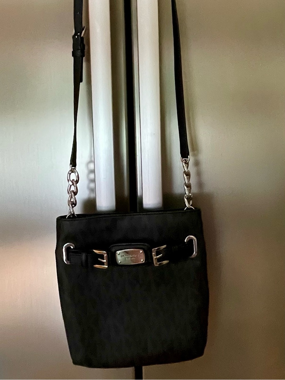 MK Michael Kors Hamilton Monogram Black and Silver Hardware Leather Crossbody